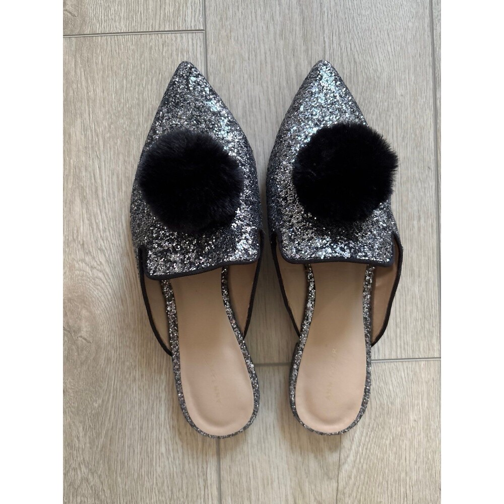 Ann Taylor Pom Pom Puff Mules Flats silver glitter closed toe pointed mule Y2K